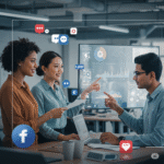 Three diverse professionals collaborating on social media analytics projected on a transparent screen in a modern office, with Facebook and heart icons prominently displayed.